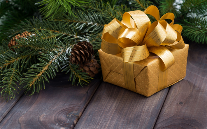De oro regalo de Navidad, caja de oro, de oro lazo de seda, Navidad, A&#241;o Nuevo