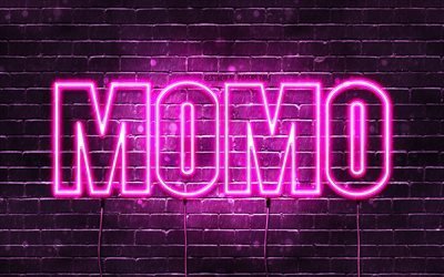 Buon Compleanno Momo, 4k, luci al neon rosa, nome Momo, creativo, Momo Buon Compleanno, Compleanno Momo, popolari nomi femminili giapponesi, foto con nome Momo, Momo