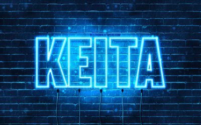 Joyeux anniversaire Keita, 4k, n&#233;ons bleus, nom Keita, cr&#233;atif, joyeux anniversaire Keita, anniversaire Keita, noms masculins japonais populaires, photo avec nom Keita, Keita