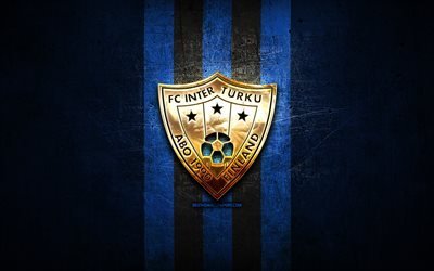 Inter Turku FC, kultainen logo, Veikkausliiga, sininen metalli tausta, jalkapallo, suomen jalkapalloseura, Inter Turku logo, FC Inter Turku