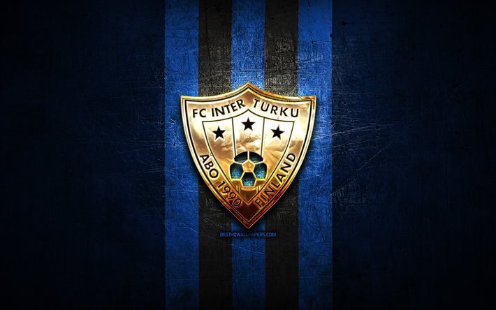 Inter Turku FC, golden logo, Veikkausliiga, blue metal background, football, finnish football club, Inter Turku logo, soccer, FC Inter Turku