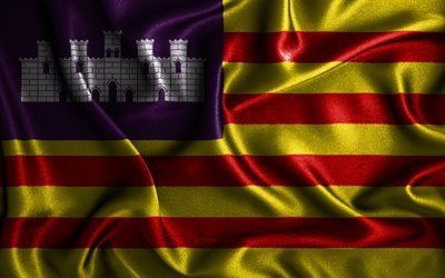 Baleaarien lippu, 4k, silkki aaltoilevat liput, Espanjan maakunnat, Baleaarien p&#228;iv&#228;, kangasliput, 3D-taide, Baleaarit, Eurooppa, Baleaarit 3D lippu, Espanja