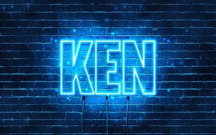 Feliz anivers&#225;rio Ken, 4k, luzes de n&#233;on azuis, nome Ken, criativo, Ken, feliz anivers&#225;rio, Ken Birthday, nomes masculinos japoneses populares, imagem com o nome Ken