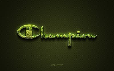 Champion logo, green creative logo, floral art logo, Champion emblem, green carbon fiber texture, Champion, creative art