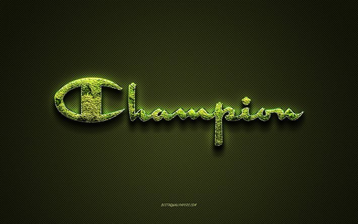 Logo Champion, logo creativo verde, logo arte floreale, emblema Champion, trama in fibra di carbonio verde, Champion, arte creativa