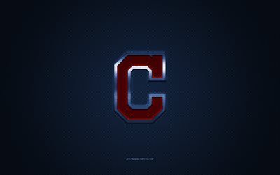 Cleveland Indians emblem, American baseball club, red logo, blue carbon fiber background, MLB, Cleveland Indians Insignia, baseball, USA, Cleveland Indians