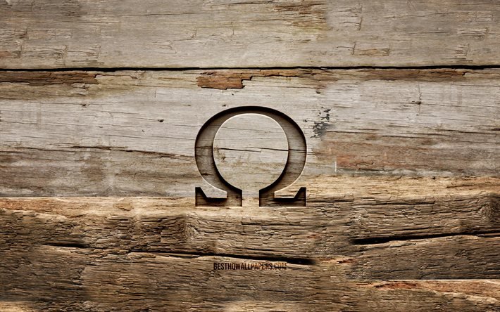 Omega puinen logo, 4K, puiset taustat, tuotemerkit, Omega-logo, luova, puunveisto, Omega