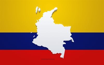Silhouette de carte de la Colombie, drapeau de la Colombie, silhouette sur le drapeau, Colombie, silhouette de la carte de la Colombie 3d, carte de la Colombie 3d