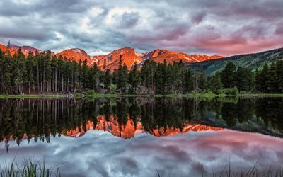 Sprague Lake, evening, sunset, Beaver Point, mountain lake, mountain landscape, Rocky Mountain National Park, Colorado, USA