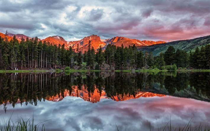 Sprague Lake, sera, tramonto, Beaver Point, lago di montagna, paesaggio di montagna, Parco Nazionale delle Montagne Rocciose, Colorado, USA
