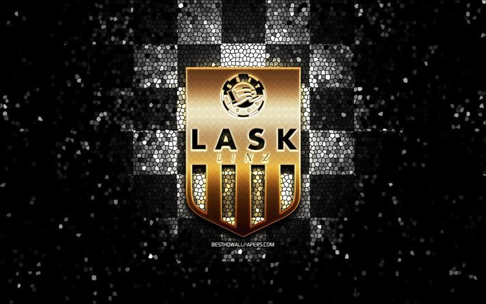 LASK Linz FC, logo glitter, Bundesliga austriaca, bianco nero sfondo a scacchi, calcio, squadra di calcio austriaca, LASK Linz logo, arte del mosaico, LASK Linz, Austria