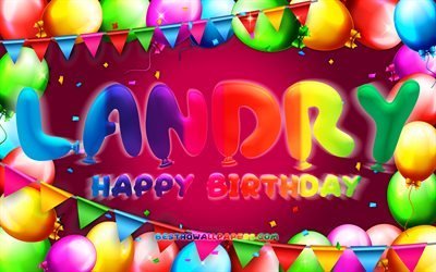 Joyeux anniversaire Landry, 4k, cadre de ballon color&#233;, nom de Landry, fond violet, joyeux anniversaire de Landry, anniversaire de Landry, noms f&#233;minins am&#233;ricains populaires, concept d&#39;anniversaire, Landry