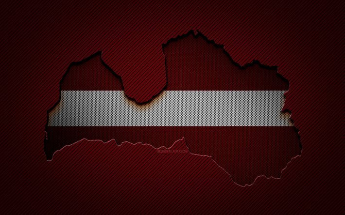 Lettonia mappa, 4k, paesi europei, bandiera lettone, rosso carbonio sfondo, Lettonia mappa silhouette, bandiera della Lettonia, Europa, Lettonia
