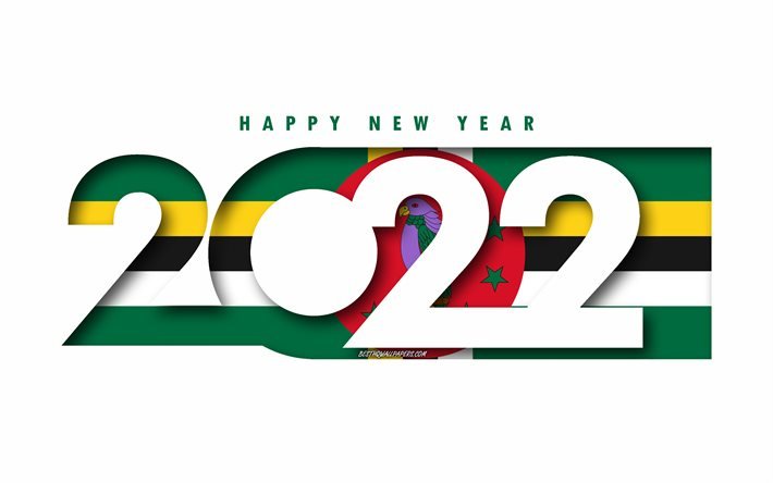 Hyv&#228;&#228; uutta vuotta 2022 Dominica, valkoinen tausta, Dominica 2022, Dominica 2022 uusi vuosi, 2022 konseptit, Dominica, Dominican lippu