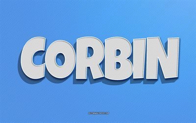 Corbin, fond de lignes bleues, fonds d&#39;&#233;cran avec des noms, nom Corbin, noms masculins, carte de voeux Corbin, dessin au trait, photo avec nom Corbin