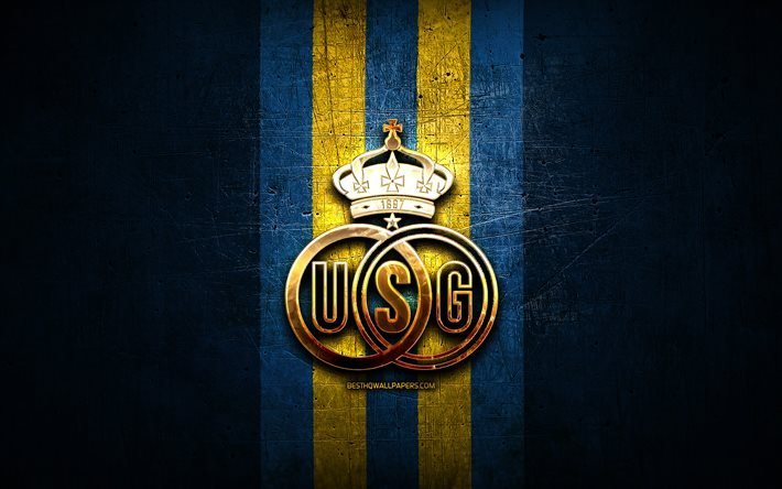 Royale Union Saint-Gilloise FC, 金色のロゴ, ジュピラープロリーグ, 青い金属の背景, フットボール。, ベルギーのサッカークラブ, Royale UnionSaint-Gilloiseのロゴ, サッカー, ロイヤルユニオンSG, ユニオンSG, USG