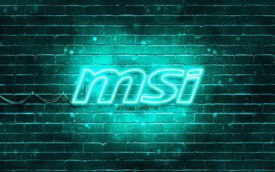 MSI turquoise logo, 4k, turquoise brickwall, MSI logo, brands, MSI neon logo, MSI