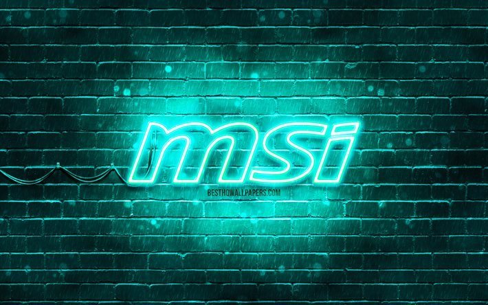Logo MSI turchese, 4k, muro di mattoni turchese, logo MSI, marchi, logo MSI neon, MSI