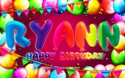 Buon compleanno Ryann, 4k, cornice di palloncini colorati, nome Ryann, sfondo viola, buon compleanno Ryann, compleanno di Ryann, nomi femminili americani popolari, concetto di compleanno, Ryann