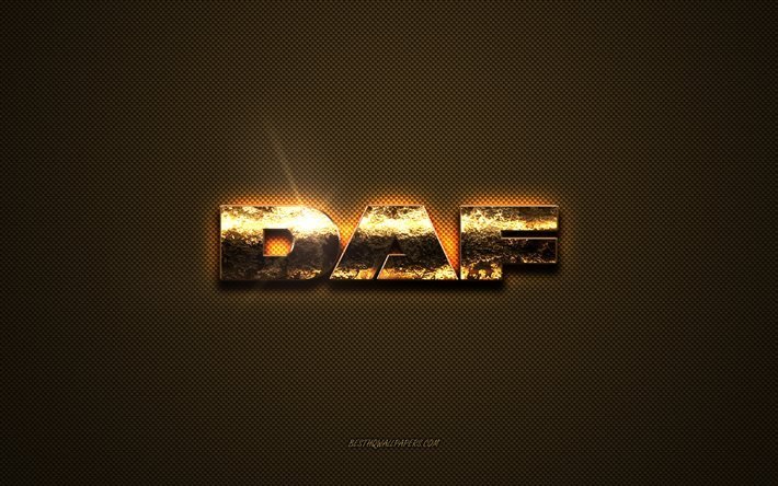 DAF altın logo, sanat eseri, kahverengi metal arka plan, DAF amblemi, yaratıcı, DAF logosu, markalar, DAF