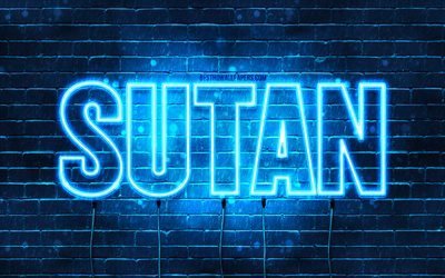 Happy Birthday Sutan, 4k, blue neon lights, Sutan name, creative, Sutan Happy Birthday, Sutan Birthday, popular japanese male names, picture with Sutan name, Sutan