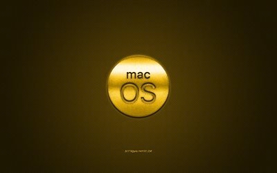 MacOS logo, yellow shiny logo, MacOS metal emblem, yellow carbon fiber texture, MacOS, brands, creative art