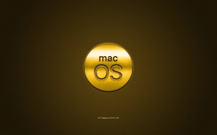 MacOS logosu, sarı parlak logo, MacOS metal amblemi, sarı karbon fiber doku, MacOS, markalar, yaratıcı sanat