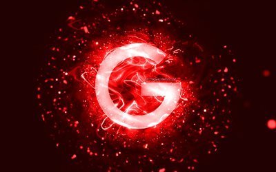 Google red logo, 4k, red neon lights, creative, red abstract background, Google logo, brands, Google