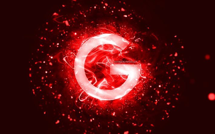 Google red logo, 4k, red neon lights, creative, red abstract background, Google logo, brands, Google