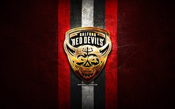 salford red devils, goldenes logo, sle, roter metallhintergrund, englischer rugby-club, salford red devils-logo, rugby, salford red devils rlfc