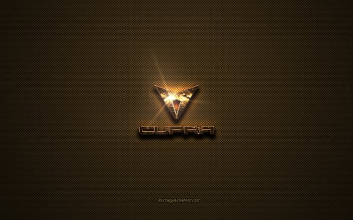 Cupra golden logo, artwork, brown metal background, Cupra emblem, creative, Cupra logo, brands, Cupra