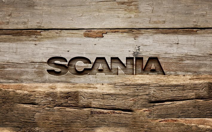 Scania puinen logo, 4K, puiset taustat, automerkit, Scania-logo, luova, puunveisto, Scania
