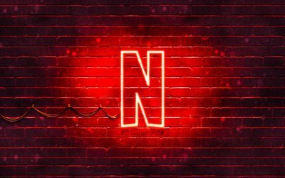 Logo rouge Netflix, 4k, mur de briques rouge, logo Netflix, marques, logo n&#233;on Netflix, Netflix