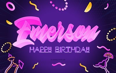 お誕生日おめでとうエマーソン, 4k, 紫のパーティーの背景, Emerson, クリエイティブアート, エマーソンお誕生日おめでとう, エマーソン名, エマーソンの誕生日, 誕生日パーティーの背景