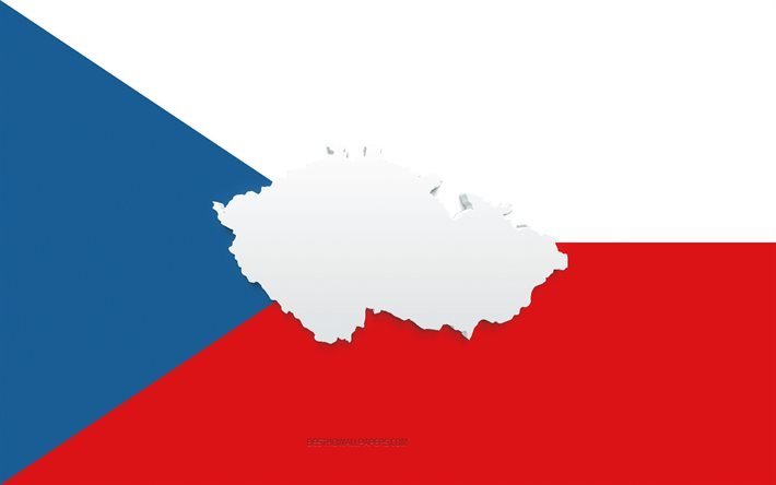 Silhueta do mapa da Rep&#250;blica Tcheca, Bandeira da Rep&#250;blica Tcheca, silhueta na bandeira, Rep&#250;blica Tcheca, 3D Silhueta do mapa da Rep&#250;blica Tcheca, Mapa da Rep&#250;blica Tcheca 3D