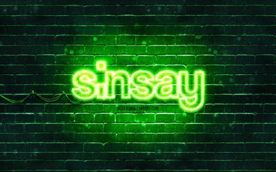 Sinsay green logo, 4k, green brickwall, Sinsay logo, brands, Sinsay neon logo, Sinsay