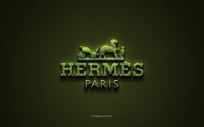 Hermes logo, green creative logo, floral art logo, Hermes emblem, green carbon fiber texture, Hermes, creative art