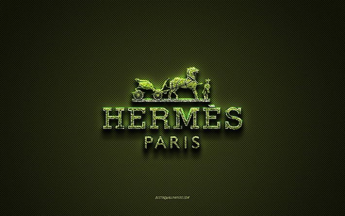 Hermes logotyp, gr&#246;n kreativ logotyp, logotyp f&#246;r blommor, Hermes emblem, gr&#246;n kolfiberstruktur, Hermes, kreativ konst