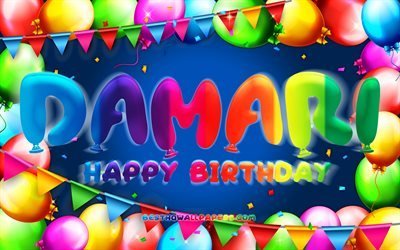 お誕生日おめでとうダマリ, 4k, カラフルなバルーンフレーム, ダマリ名, 青い背景, ダマリお誕生日おめでとう, ダマリの誕生日, 人気のあるアメリカ人男性の名前, 誕生日のコンセプト, ダマリ