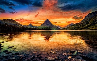 4k, Glacier National Park, sunset, american landmarks, lake, beautiful nature, mountains, summer, America, USA, HDR