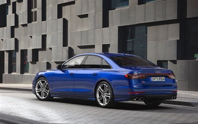 2022, Audi S8, exterior, rear view, blue sedan, new blue S8, German cars, Audi