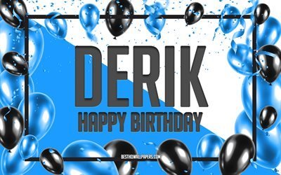お誕生日おめでとうデリック, 誕生日バルーンの背景, デリック, 名前の壁紙, デリックお誕生日おめでとう, 青い風船の誕生日の背景, デリックの誕生日