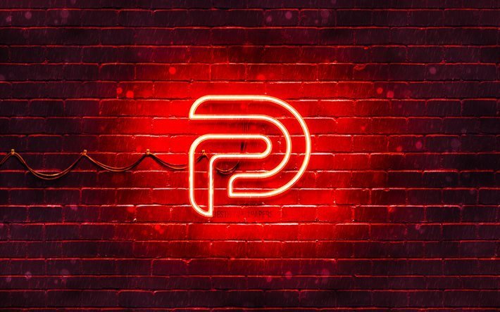 Logotipo Parler vermelho, 4k, parede de tijolos vermelhos, logotipo Parler, redes sociais, logotipo Parler neon, Parler