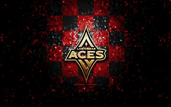 Las Vegas Aces, logotipo brilhante, WNBA, fundo xadrez preto vermelho, basquete, time americano de basquete, logotipo Las Vegas Aces, arte em mosaico