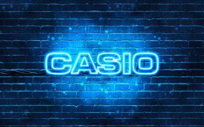 Logotipo azul de Casio, 4k, pared de ladrillo azul, logotipo de Casio, marcas, logotipo de Casio ne&#243;n, Casio
