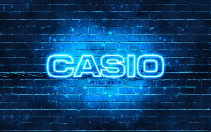 Casio bl&#229; logotyp, 4k, bl&#229; tegelv&#228;gg, Casio logotyp, varum&#228;rken, Casio neon logotyp, Casio
