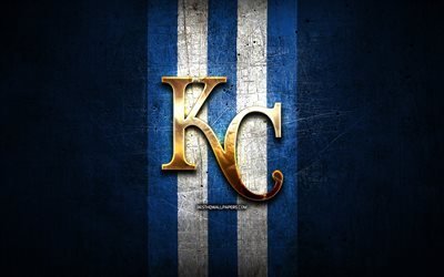 Kansas City Royals emblem, MLB, golden emblem, blue metal background, american baseball team, Major League Baseball, baseball, Kansas City Royals