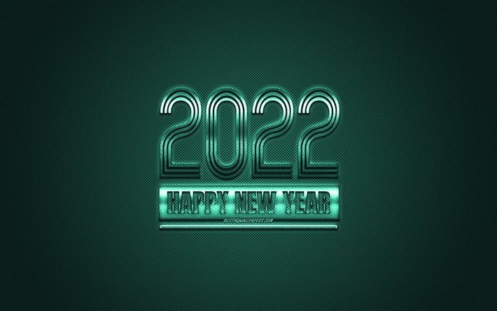 Nouvel An 2022, fond turquoise 2022, concepts 2022, Happy New Year 2022, texture carbone turquoise, fond turquoise