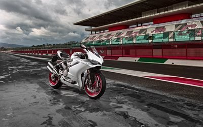 Ducati 959 Panigale, 2016, kilparadalla, valkoinen Ducati, urheilu polkupy&#246;r&#228;&#228;, sade