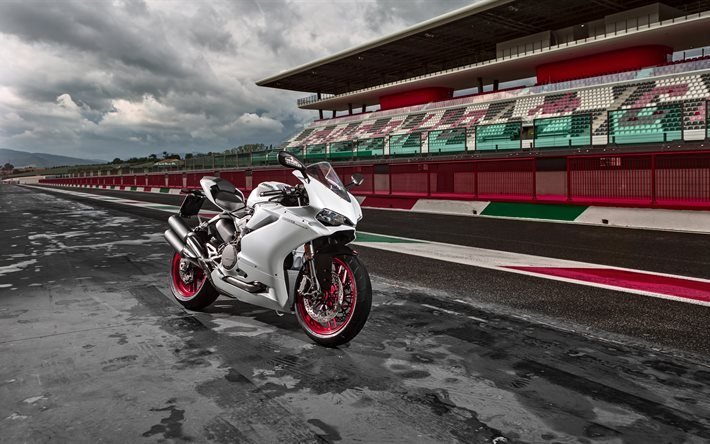 A Ducati 959 Panigale, 2016, corrida de pista, branco Ducati, motos esportivas, chuva